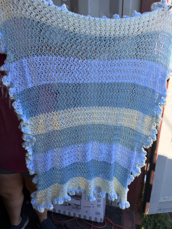 Crocheted Pastel Striped Baby Blanket with Scalloped Border
