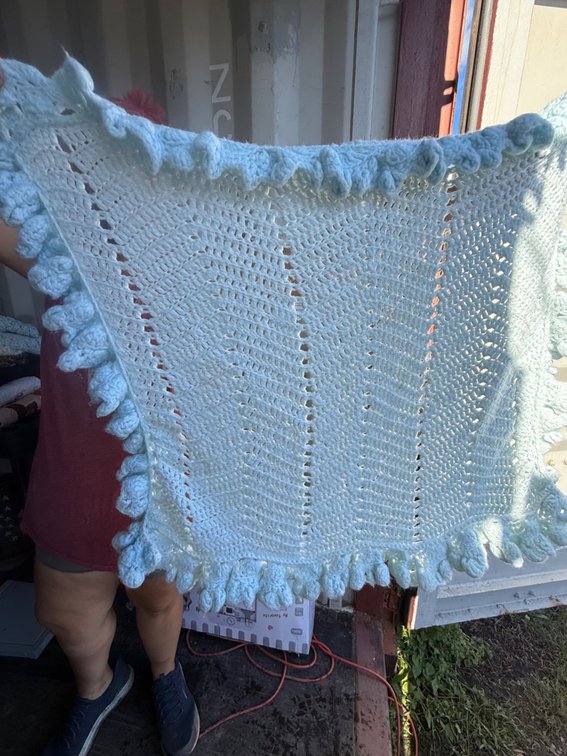 Light Blue Crocheted Baby Blanket with Ruffled Border