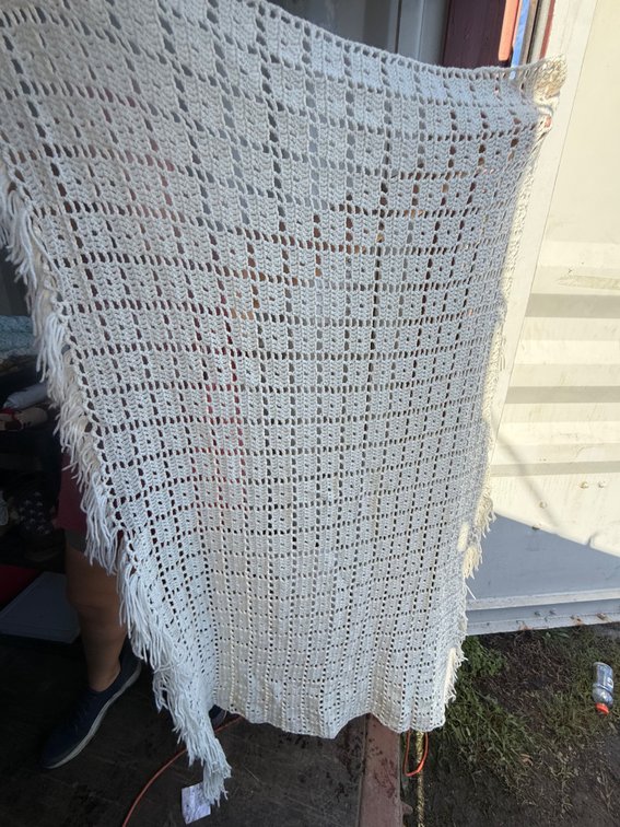 Cream Crocheted Openwork Fringed Throw Blanket