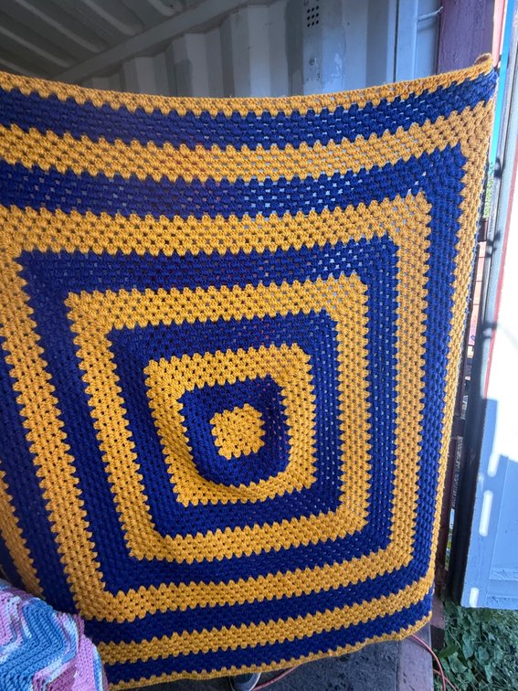 Crocheted Blue and Gold Granny Square Afghan Blanket