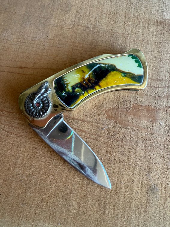 Lockback Folding Knife with Brass Bolsters and Scenic Inlay