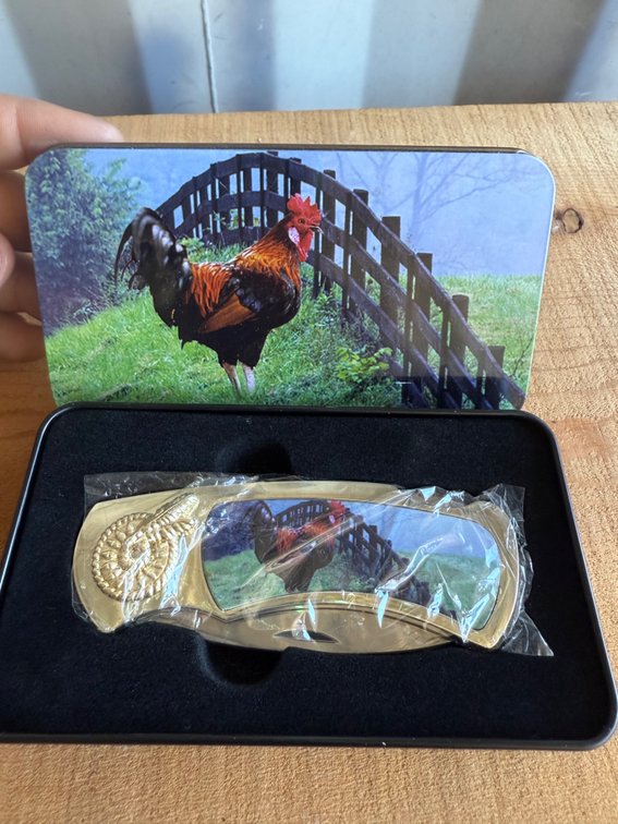 Rooster Motif Folding Pocket Knife in Presentation Tin