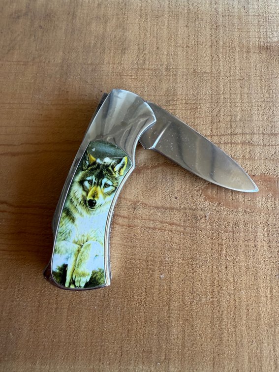 Stainless Steel Folding Pocket Knife with Wolf Graphic