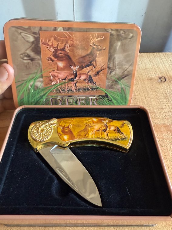Folding Pocket Knife with Deer Motif in Collector Tin