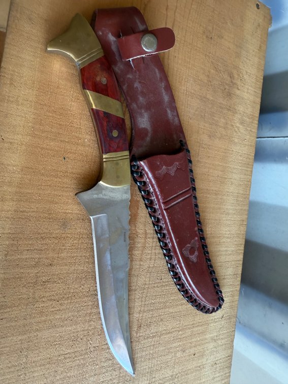 Trailing-Point Fixed-Blade Knife with Leather Sheath