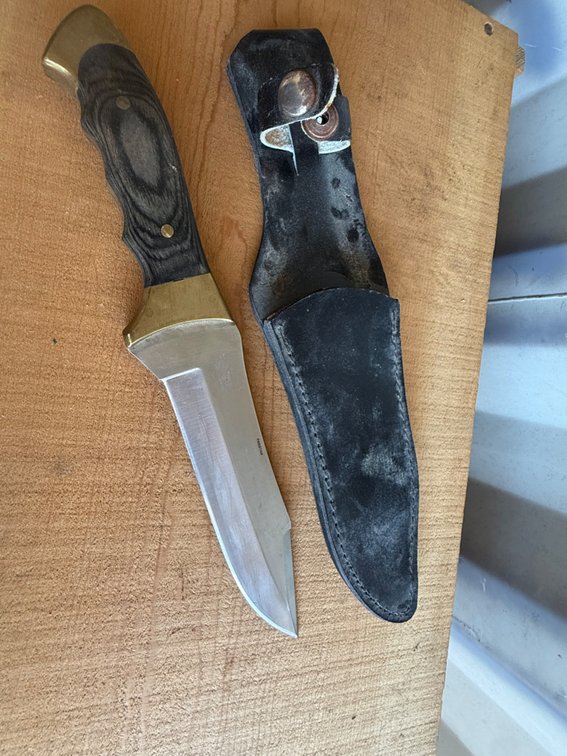 Fixed-Blade Knife with Brass Guard and Leather Sheath
