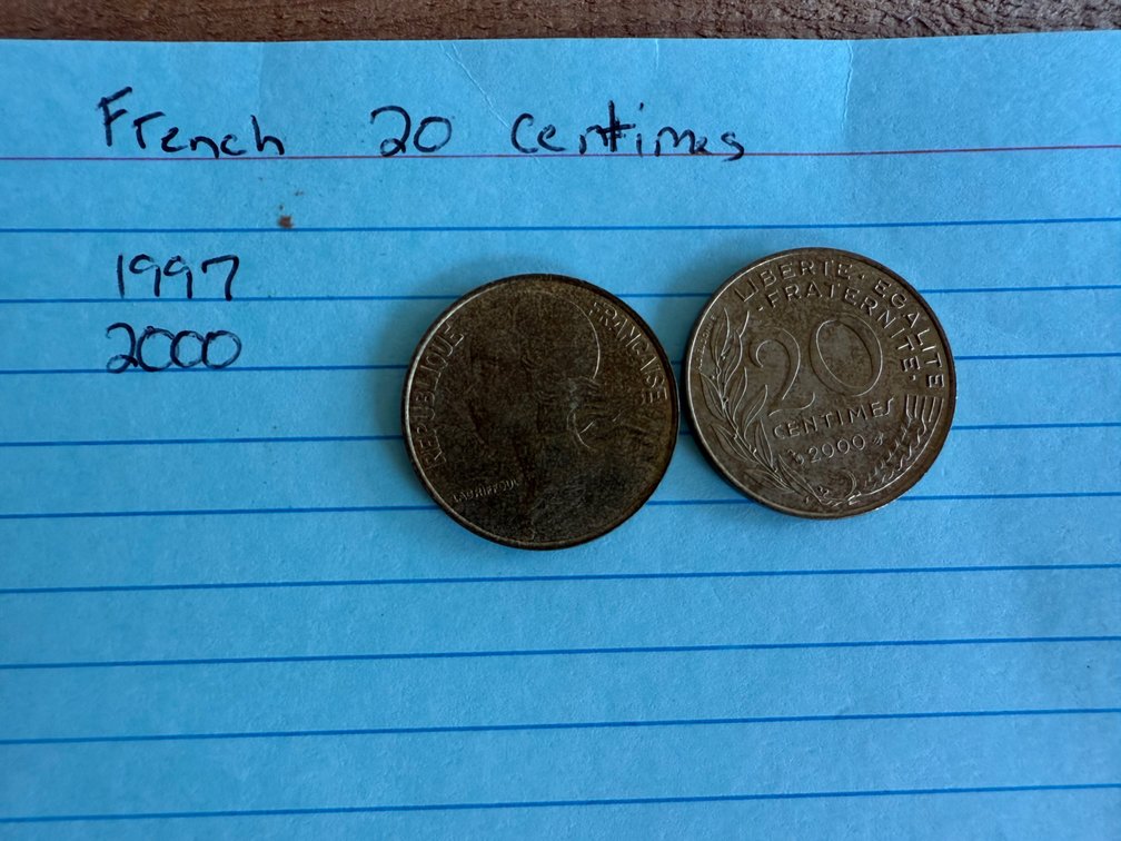 French 20 Centimes Coins Dated 1997 and 2000