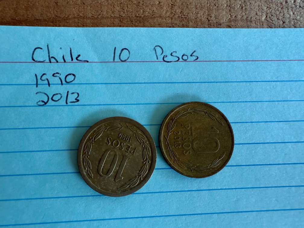 Chile 10 Pesos Coins, Dated 1990 and 2013