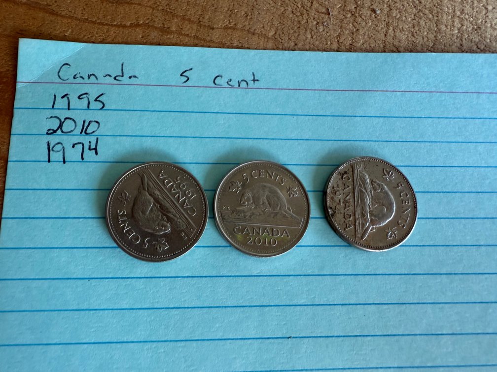 Canadian 5-Cent Coins, 1974, 1995, and 2010