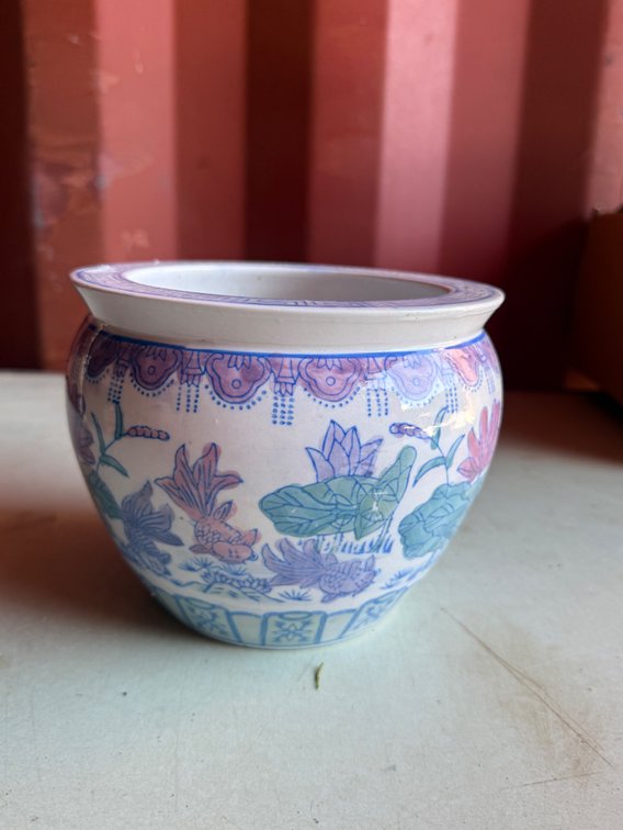 Fish Bowl Planter with Goldfish and Lotus Motif