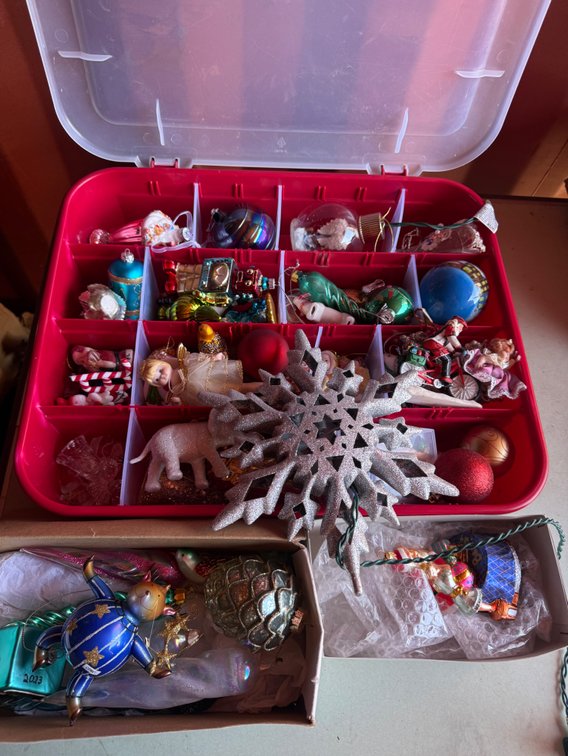 Christmas Ornaments, Snowflake Tree Topper, and Storage Case