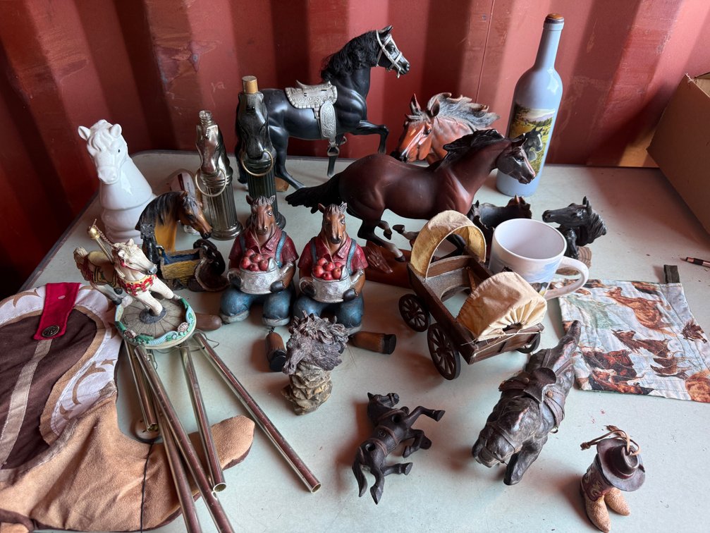 Horse Figurines, Accent Lamp, Bottles, and Western Decor