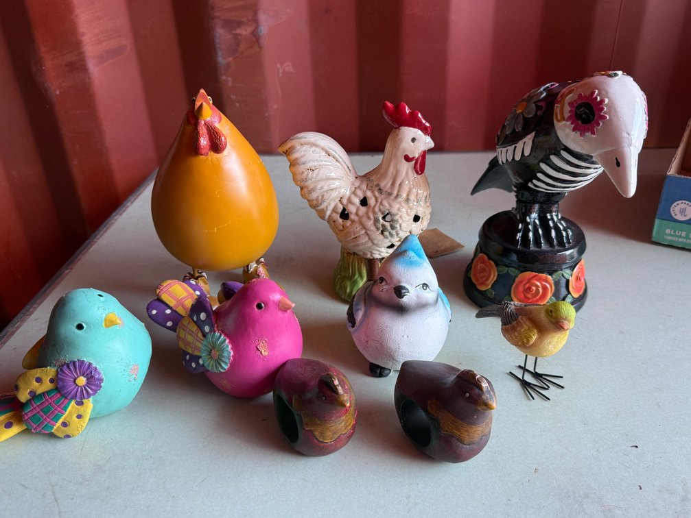 Decorative Bird Figurines, Rooster Figures, and Napkin Rings