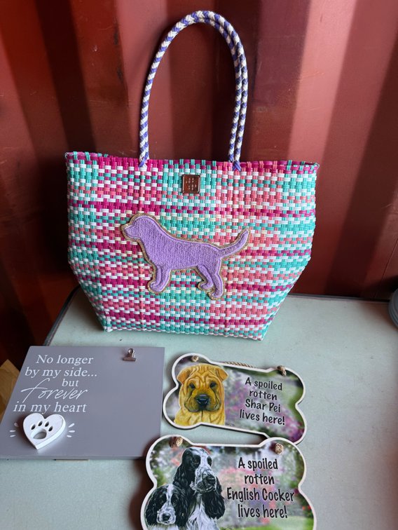 Dog-Themed Woven Tote Bag, Memorial Plaque, and Hanging Signs