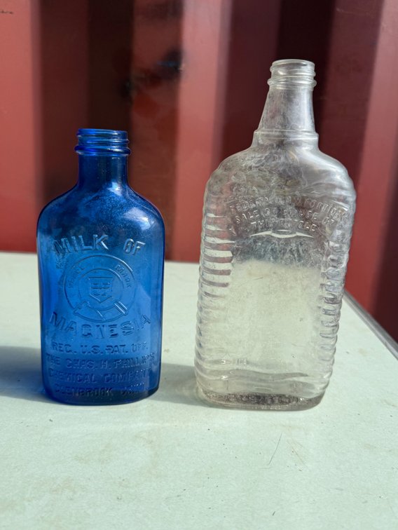 Cobalt Blue Milk of Magnesia Bottle and Clear Glass Flask