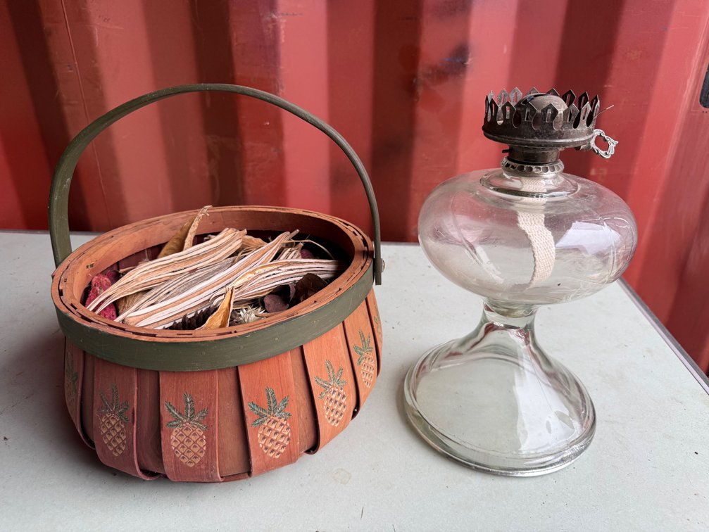 Clear Glass Oil Lamp and Painted Wood Basket with Potpourri