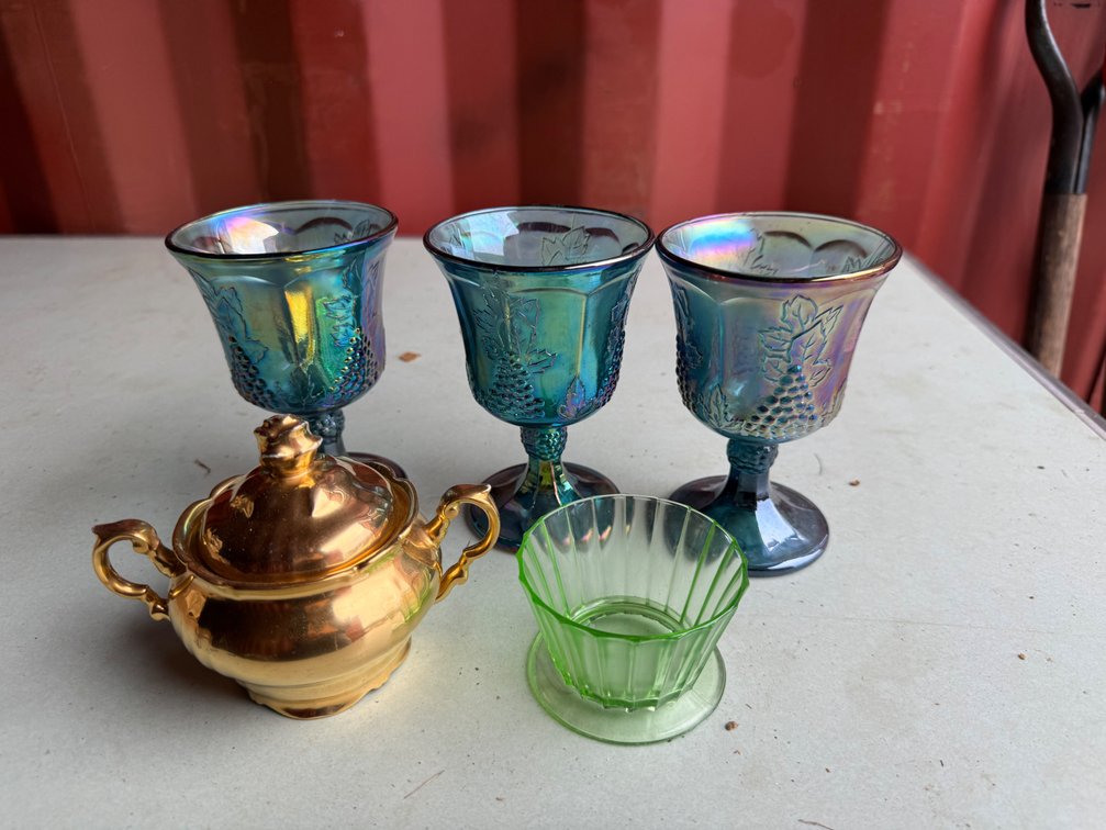 Carnival Glass Goblets, Lidded Sugar Bowl, and Glass Cup