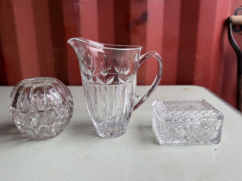 Cut Glass Pitcher, Spherical Bowl, and Lidded Box