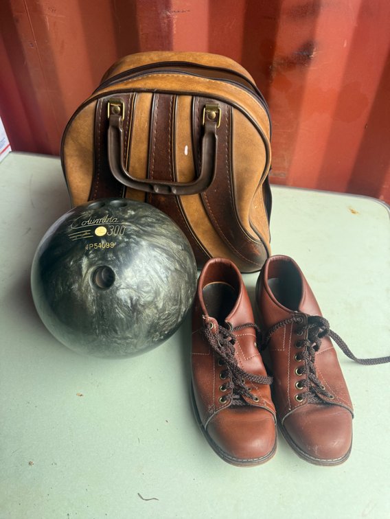 Bowling Ball, Vinyl Bowling Bag, and Bowling Shoes
