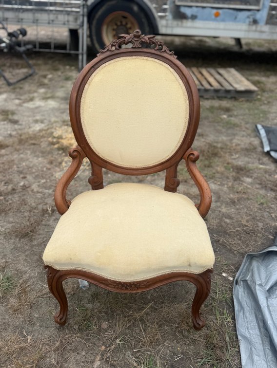 Carved Wood Armchair with Upholstered Oval Back