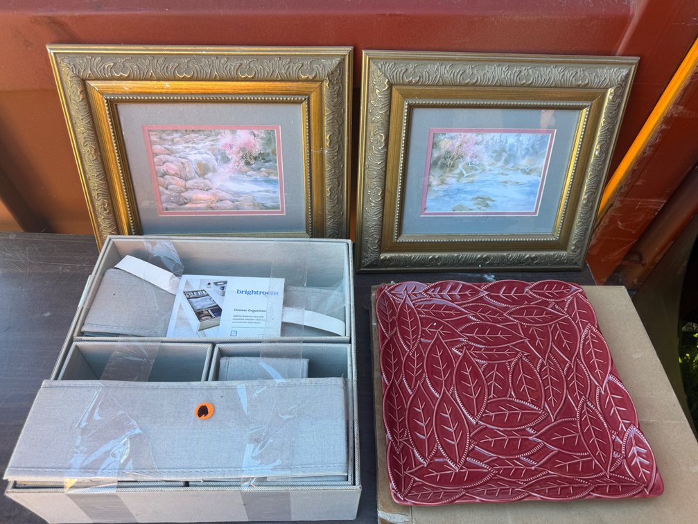Framed Landscape Prints, Fabric Drawer Organizers, and Ceramic Platter