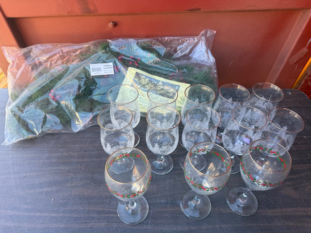 Holiday Glassware and Artificial Pine Swag