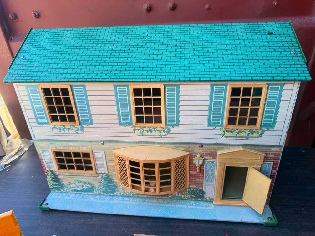 Lithographed Tin Dollhouse with Plastic Furniture and Figures