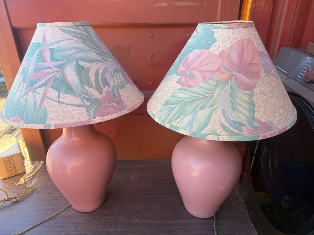 Pair of Pink Ceramic Table Lamps with Tropical Shades