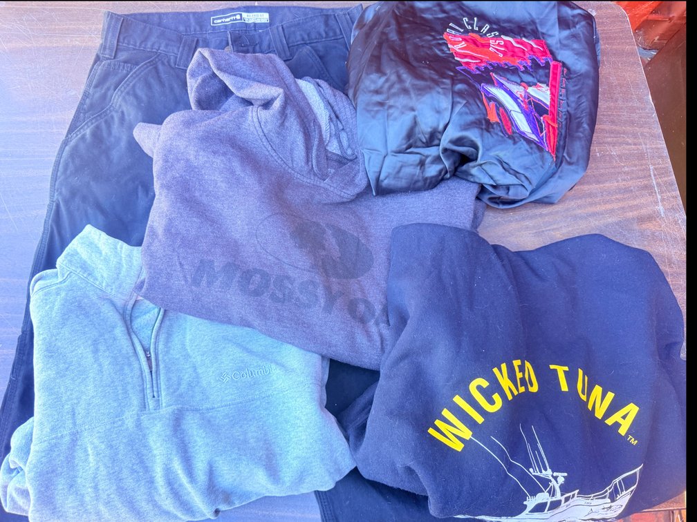 Carhartt Pants, Columbia Pullover, and Sweatshirts