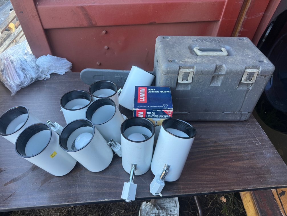 Track Lighting Fixtures, Tool Case, and Storage Crate
