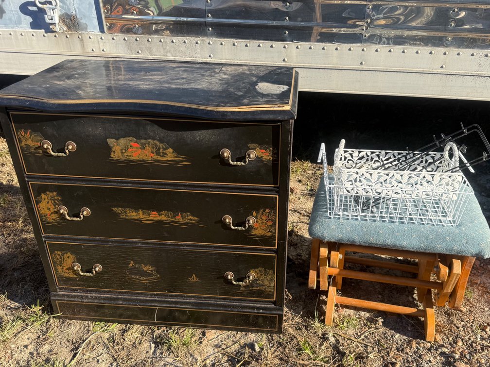 Chinoiserie 3-Drawer Chest, Glider Ottoman, and Wire Basket