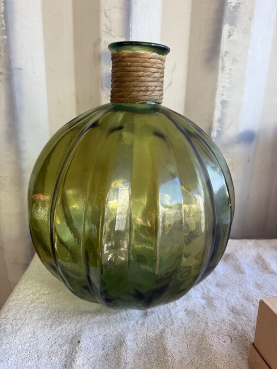 Green Ribbed Glass Bottle with Fiber-Wrapped Neck