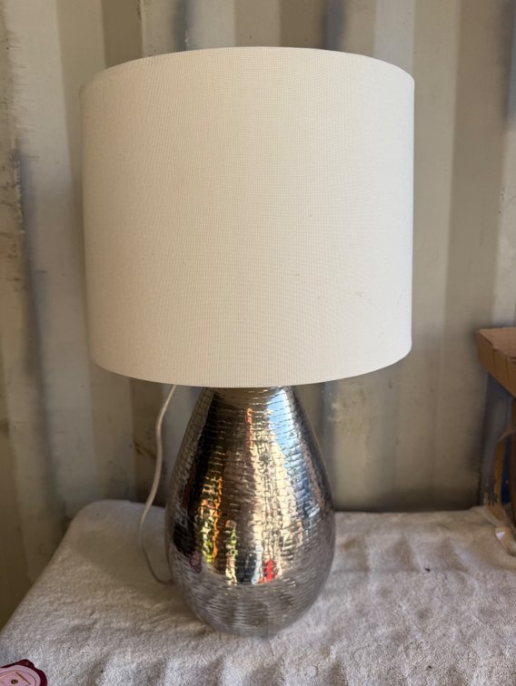 Hammered Silver-Tone Table Lamp with Drum Shade