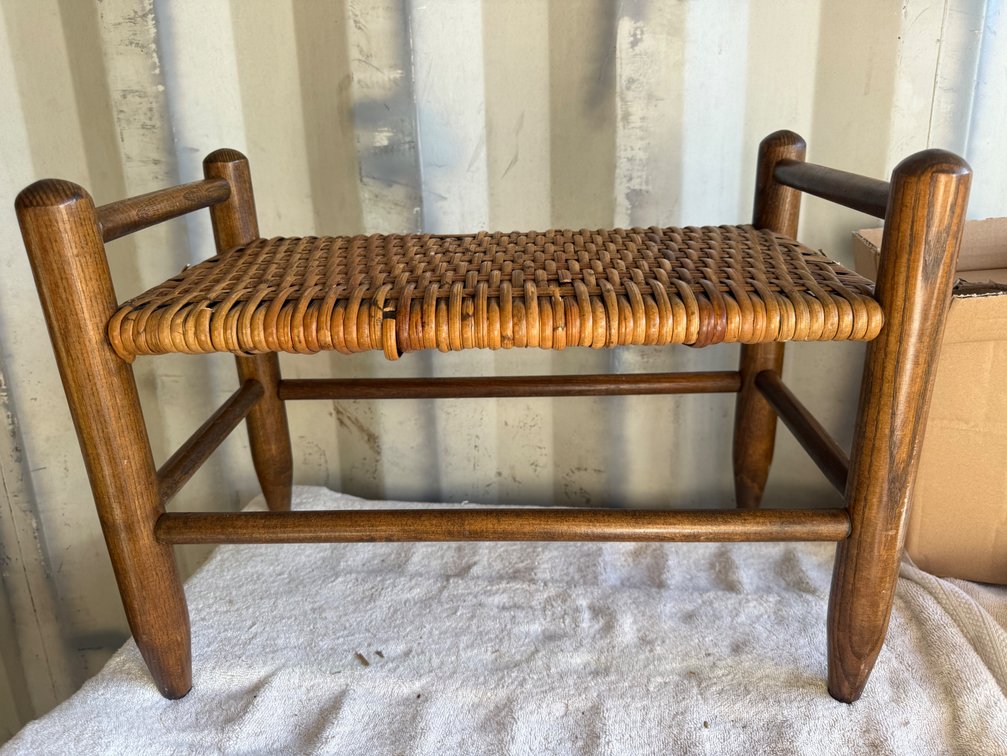 Wooden Footstool with Woven Reed Seat