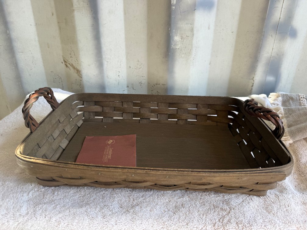 Longaberger Woven Wood Tray Basket with Leather Handles
