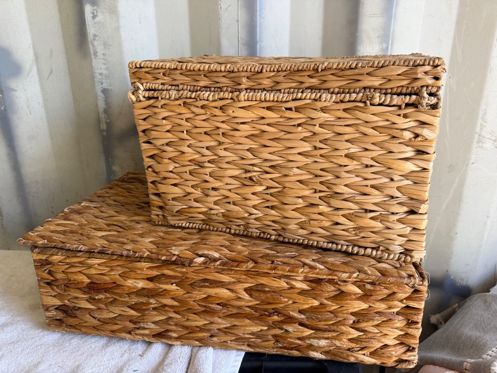 Woven Natural Fiber Lidded Storage Baskets