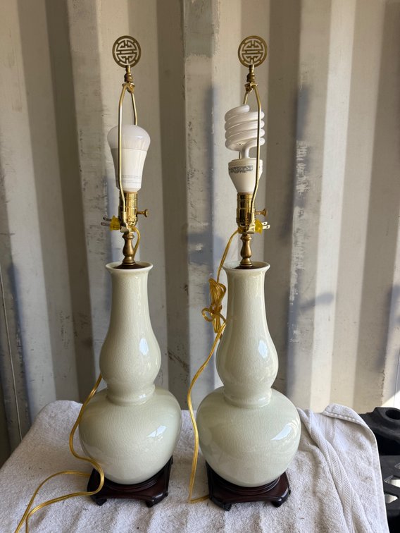Pair of Celadon Crackle Glaze Double Gourd Table Lamps