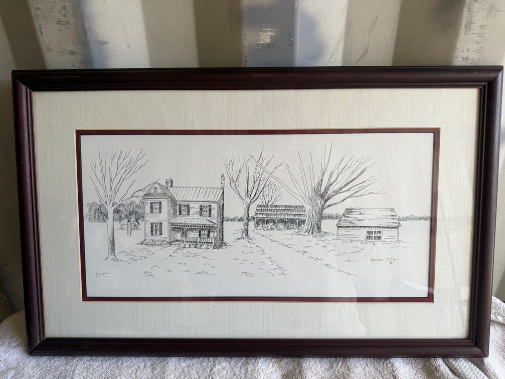 Rachel Sturz Framed Pen and Ink Farmhouse Drawing