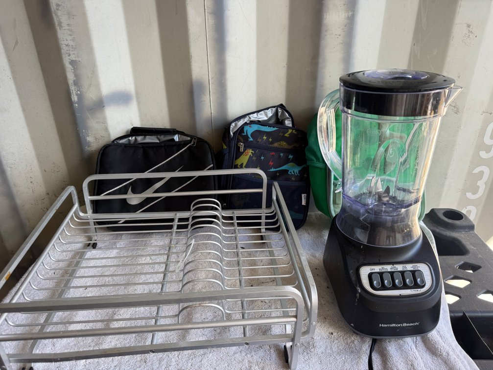 Blender, Wire Dish Drying Rack, and Lunch Bags