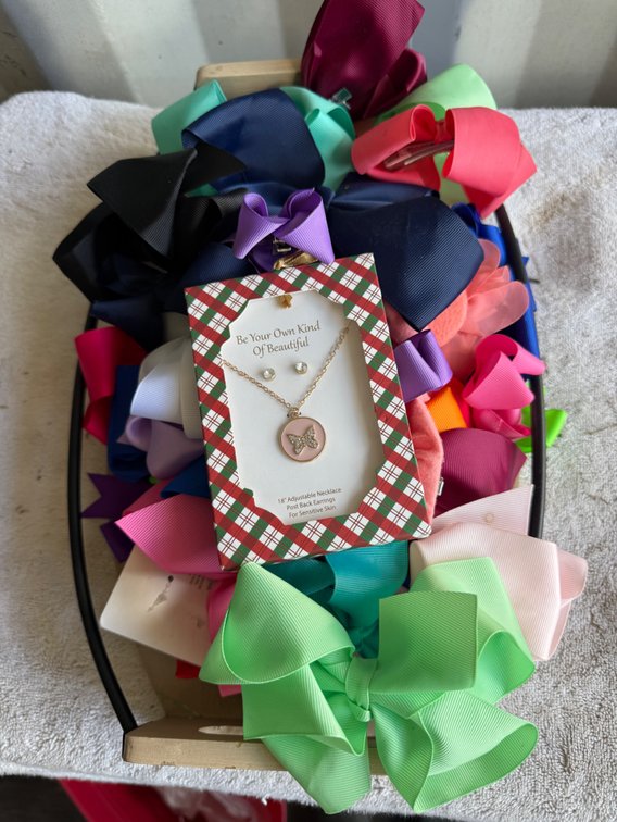 Hair Bows, Butterfly Jewelry Set, and Wire Basket