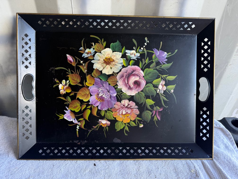 Hand-Painted Floral Black Metal Tole Serving Tray