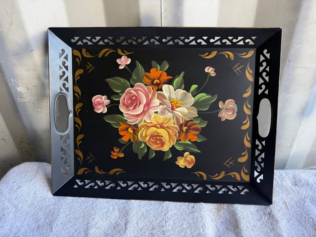 Black Metal Floral Tole Tray with Pierced Rim
