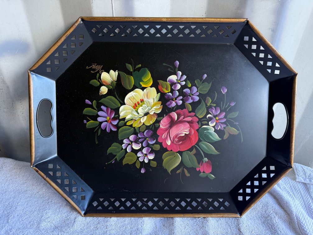 Hand-Painted Black Toleware Metal Serving Tray