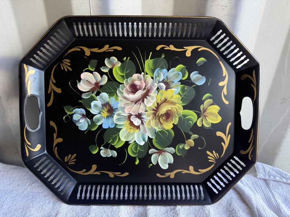 Hand-Painted Black Toleware Metal Gallery Tray