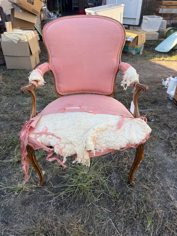 French-Style Carved Wood Armchair with Pink Upholstery