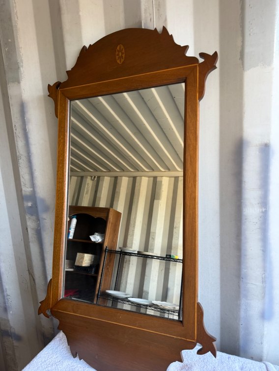 Inlaid Wood Wall Mirror with Scrolled Crest