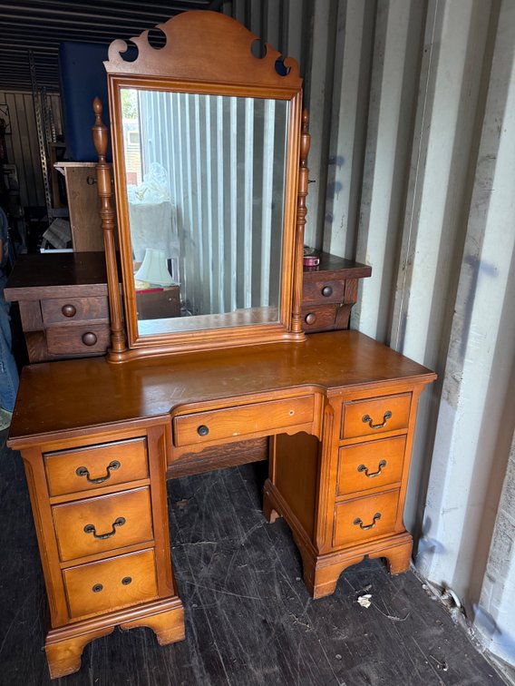 Wood Kneehole Vanity Desk with Attached Mirror