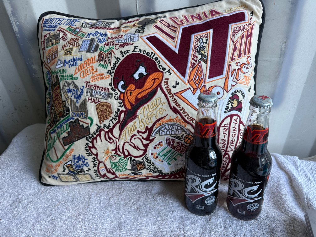 Virginia Tech Embroidered Pillow and Commemorative Bottles