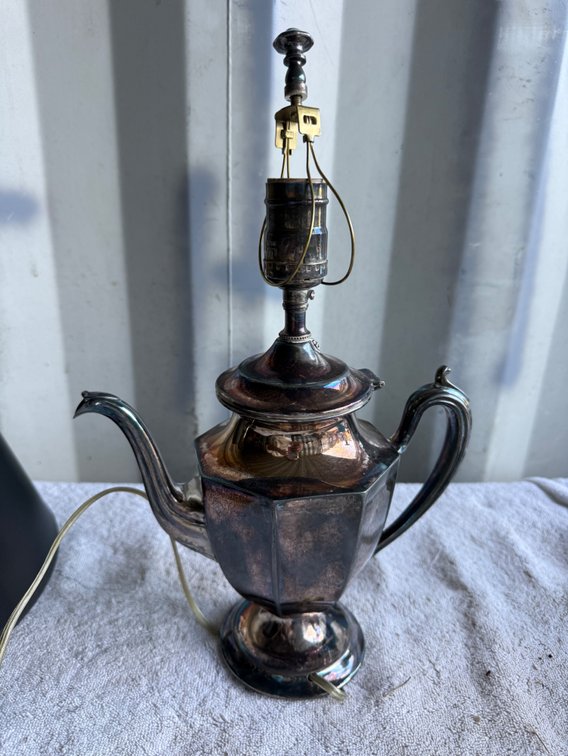 Converted Silver-Tone Metal Teapot Table Lamp