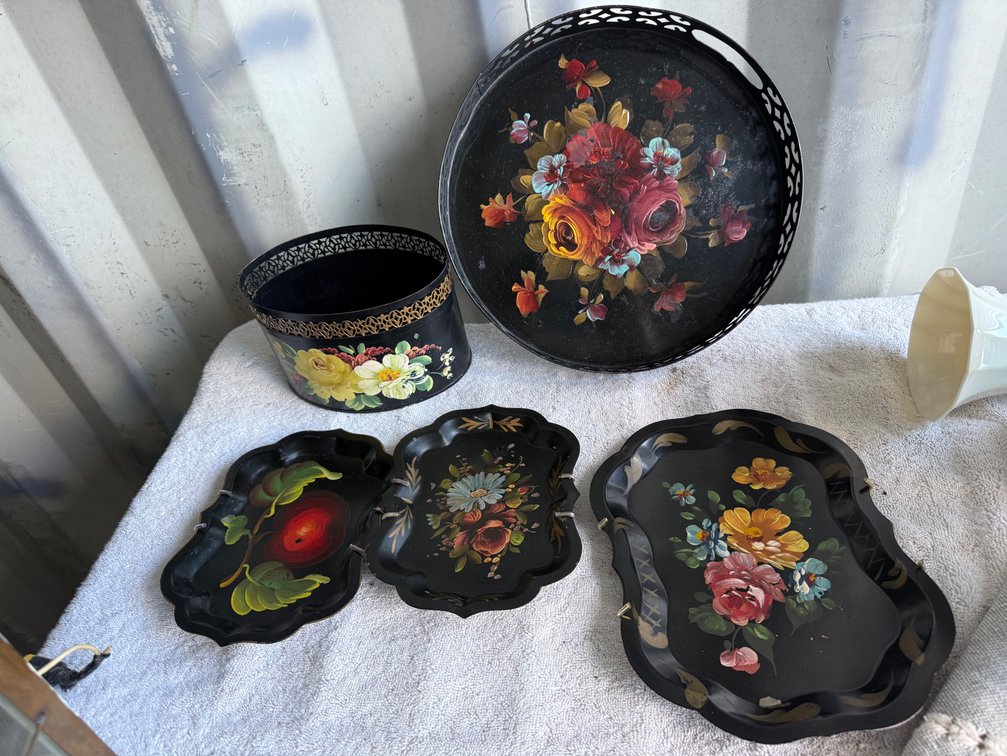 Hand-Painted Black Toleware Trays and Planter